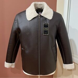 Brown Leather Bomber Jacket with Shearling Collar